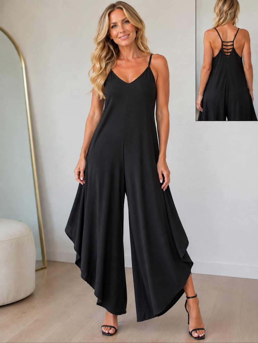 Ivy Street Black, Strappy, Asymmetrical Wide-Leg Jumpsuit